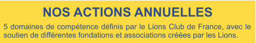 5 domaines de compétence définis par le Lions Club de France, avec le soutien de différentes fondations et associations créées par les Lions. NOS ACTIONS ANNUELLES